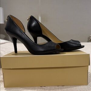 MICHAEL Michael Kors Black Leather Peep-Toe Heels